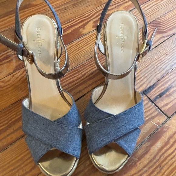 Cole Haan Denim Gold Wedges Ankle Strap Women’s U.S. Size 8.5 - Picture 3 of 9